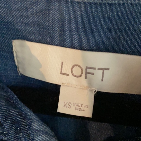 Loft Womens Denim Button Up Shirt Top Blue Ruffle Neck Long Sleeve Pockets - Picture 9 of 12